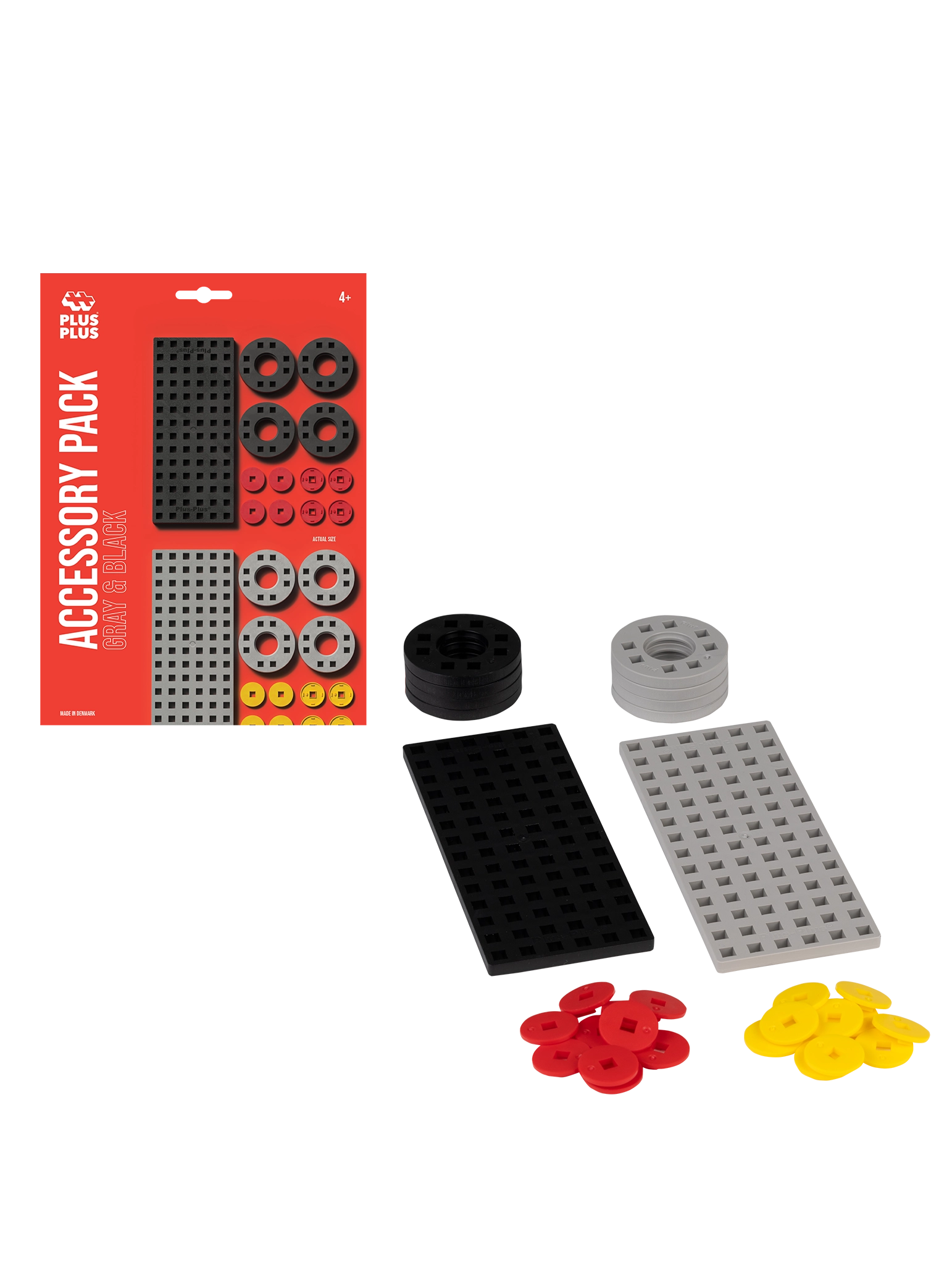 Byggeplader og hjul i sort, grå, rød og gul