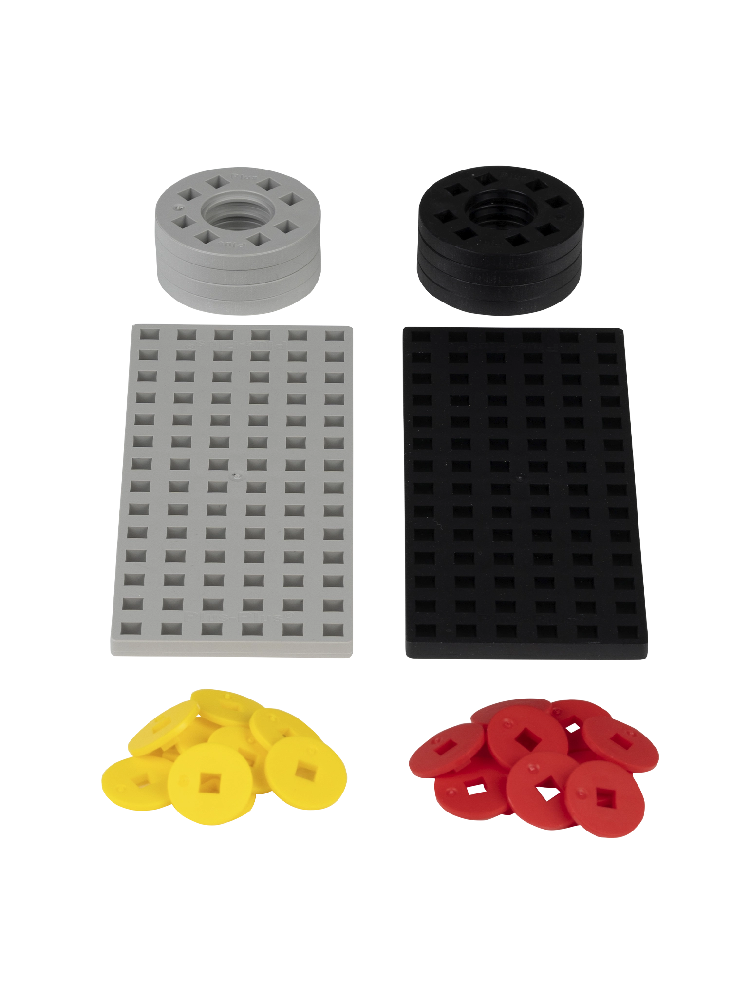 Byggeplader og hjul i sort, grå, rød og gul