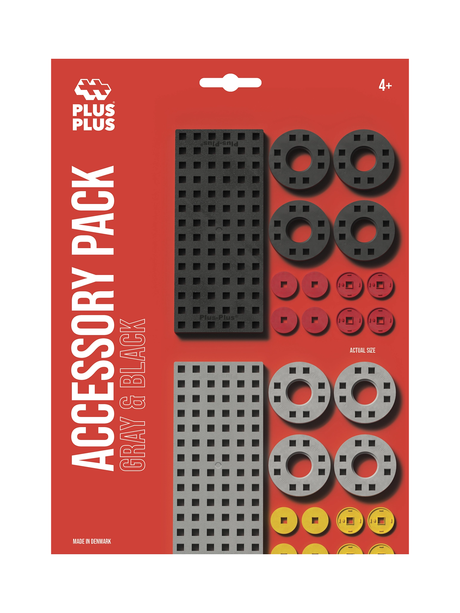 Byggeplader og hjul i sort, grå, rød og gul