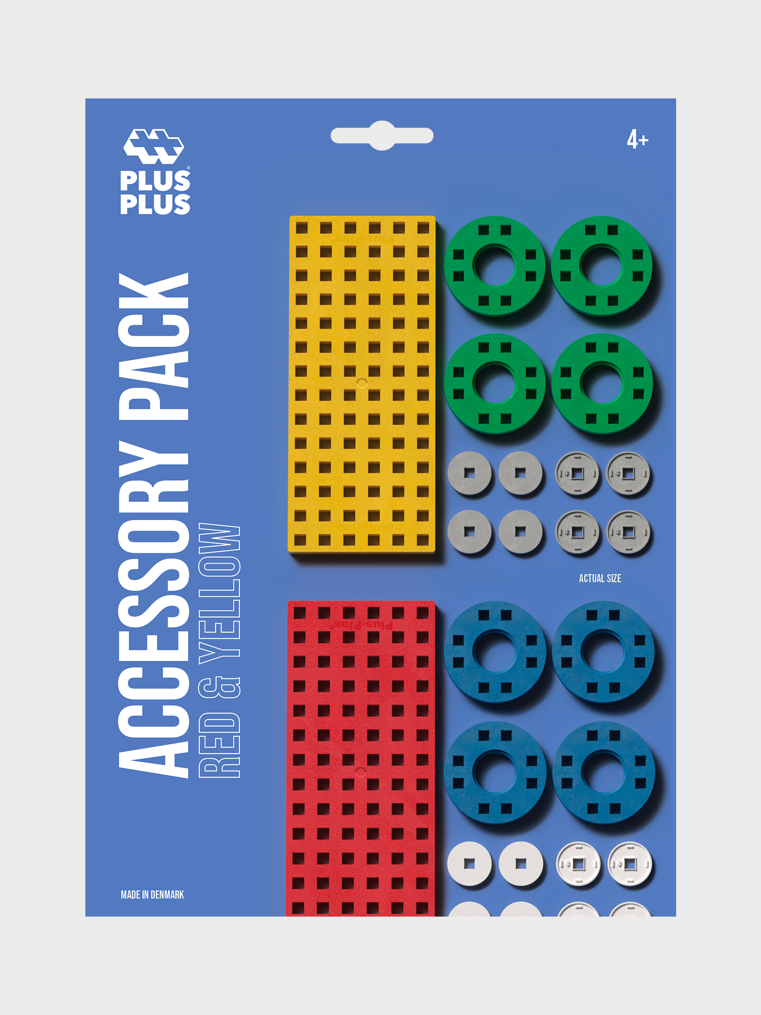 Byggeplader og hjul i gul, rød, grå og hvid