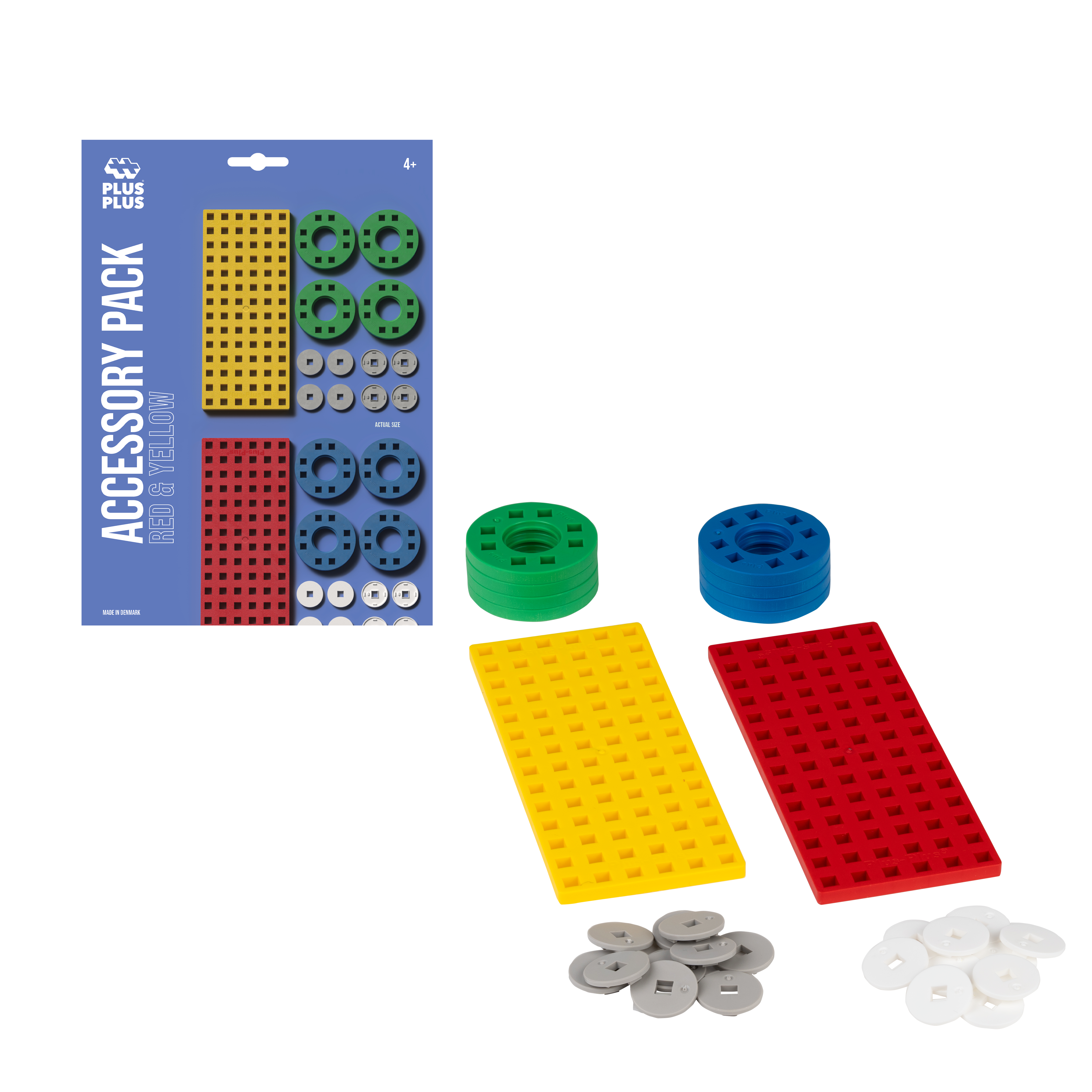 Byggeplader og hjul i gul, rød, grå og hvid