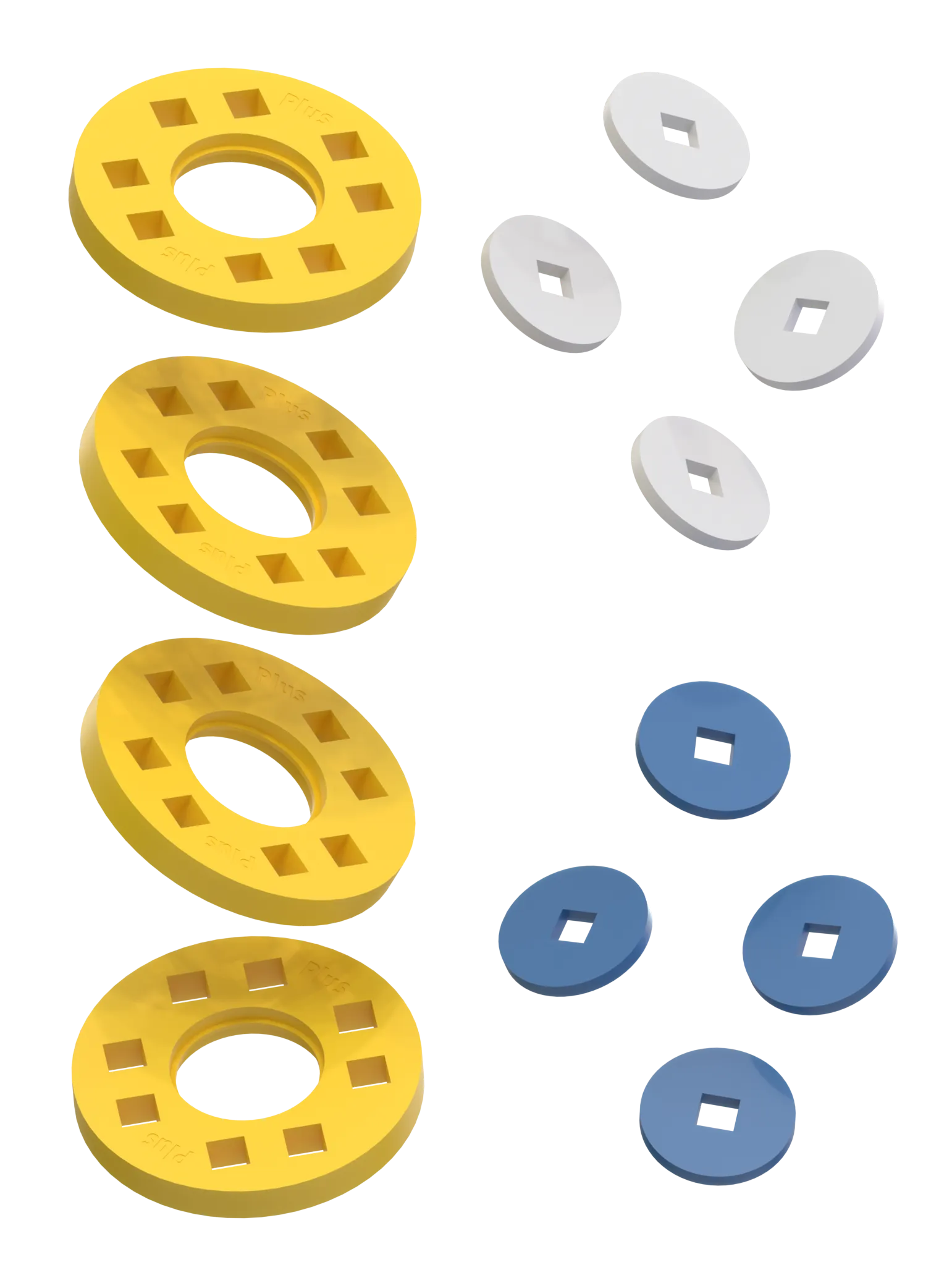 Hjul - 4 Gule hjul med 4 hvide og 4 blå samleled