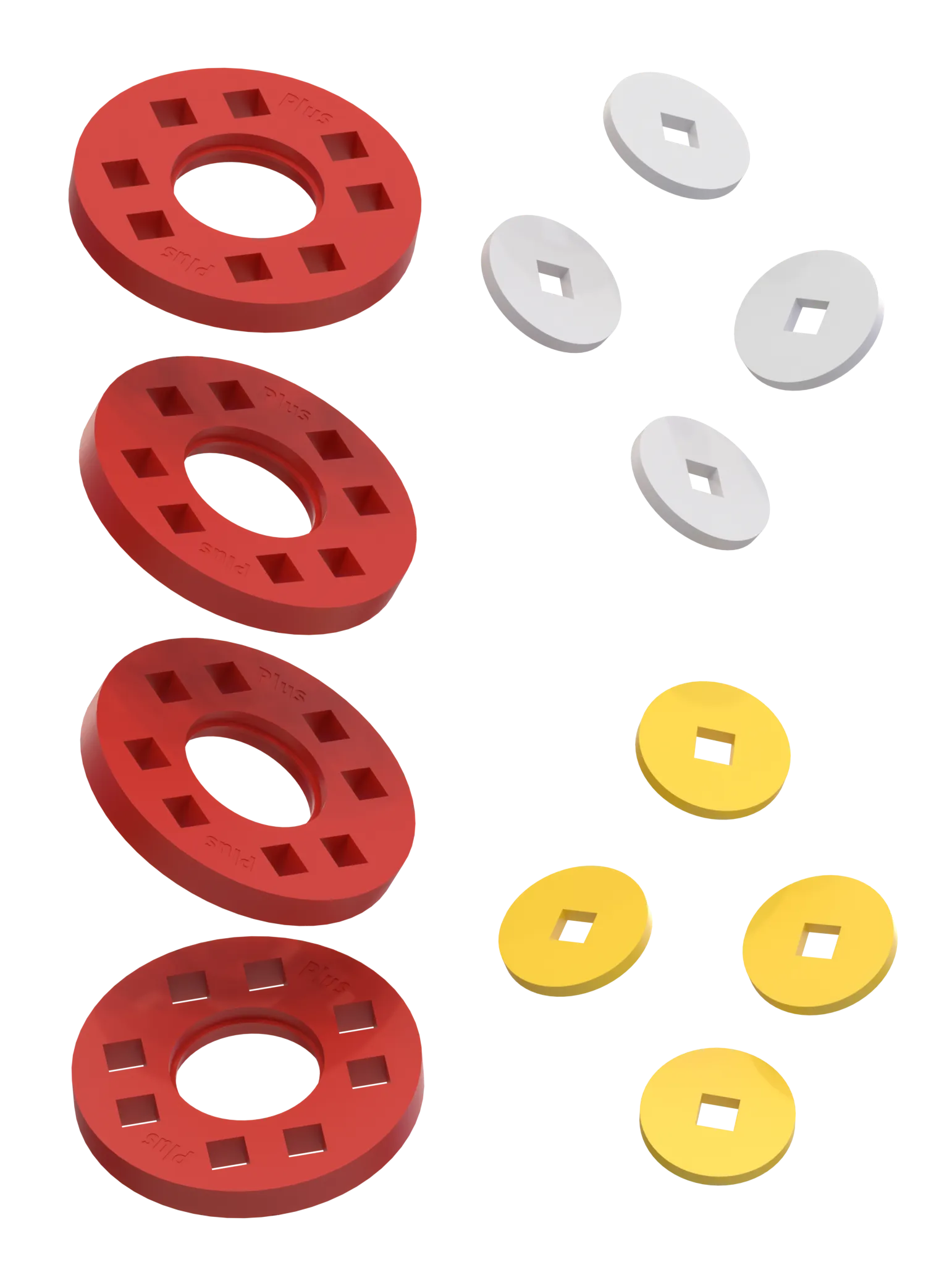 Hjul - 4 Røde hjul med 4 hvide og 4 gule samleled