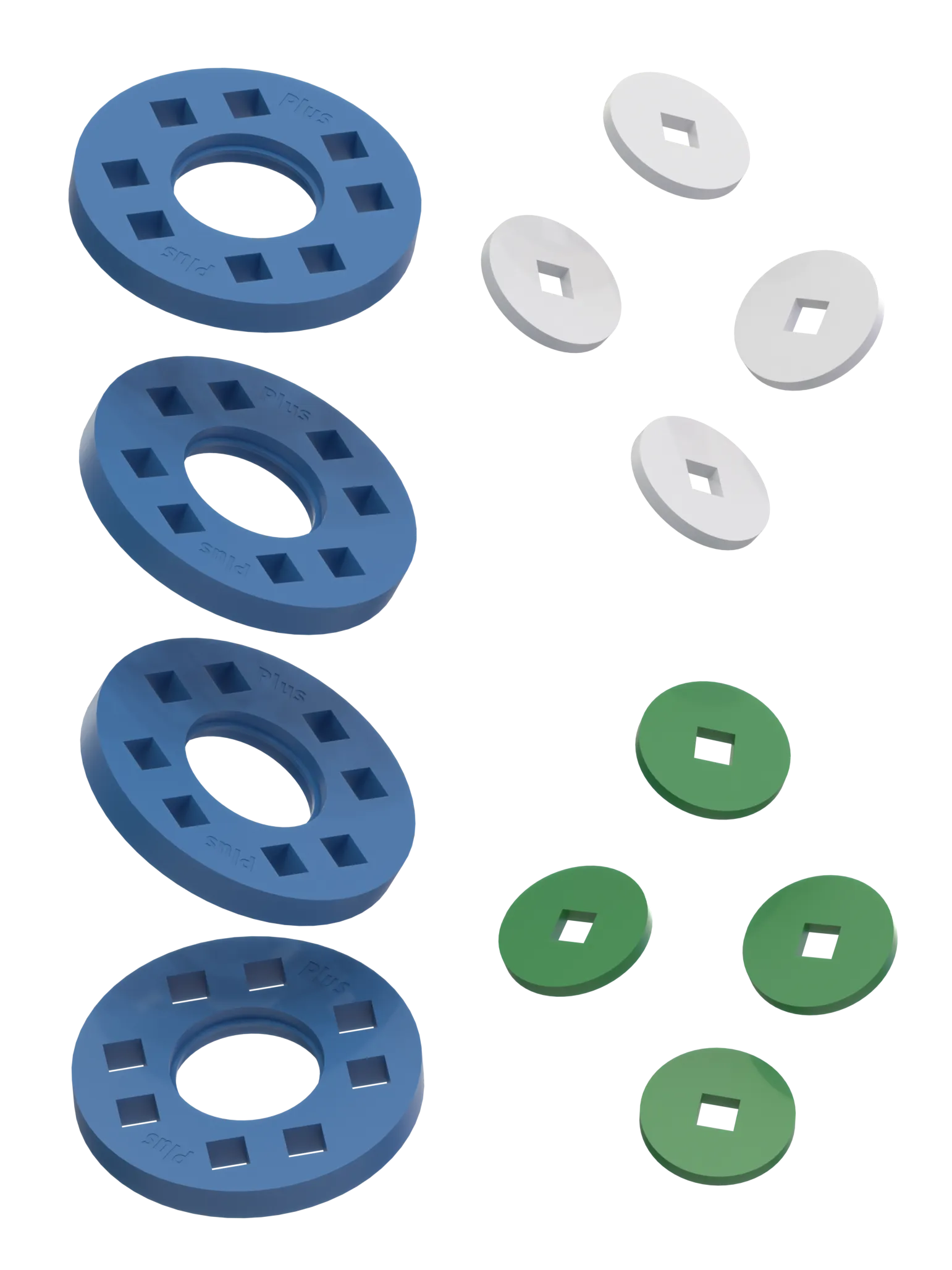 Hjul - 4 Blå hjul med 4 hvide og 4 grønne samleled