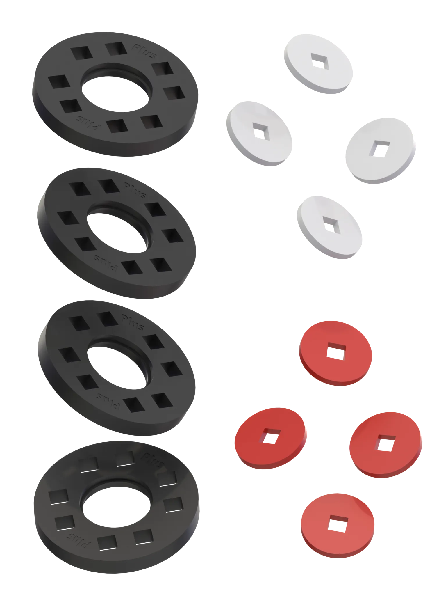 Hjul - 4 Sorte hjul med 4 hvide og 4 røde samleled