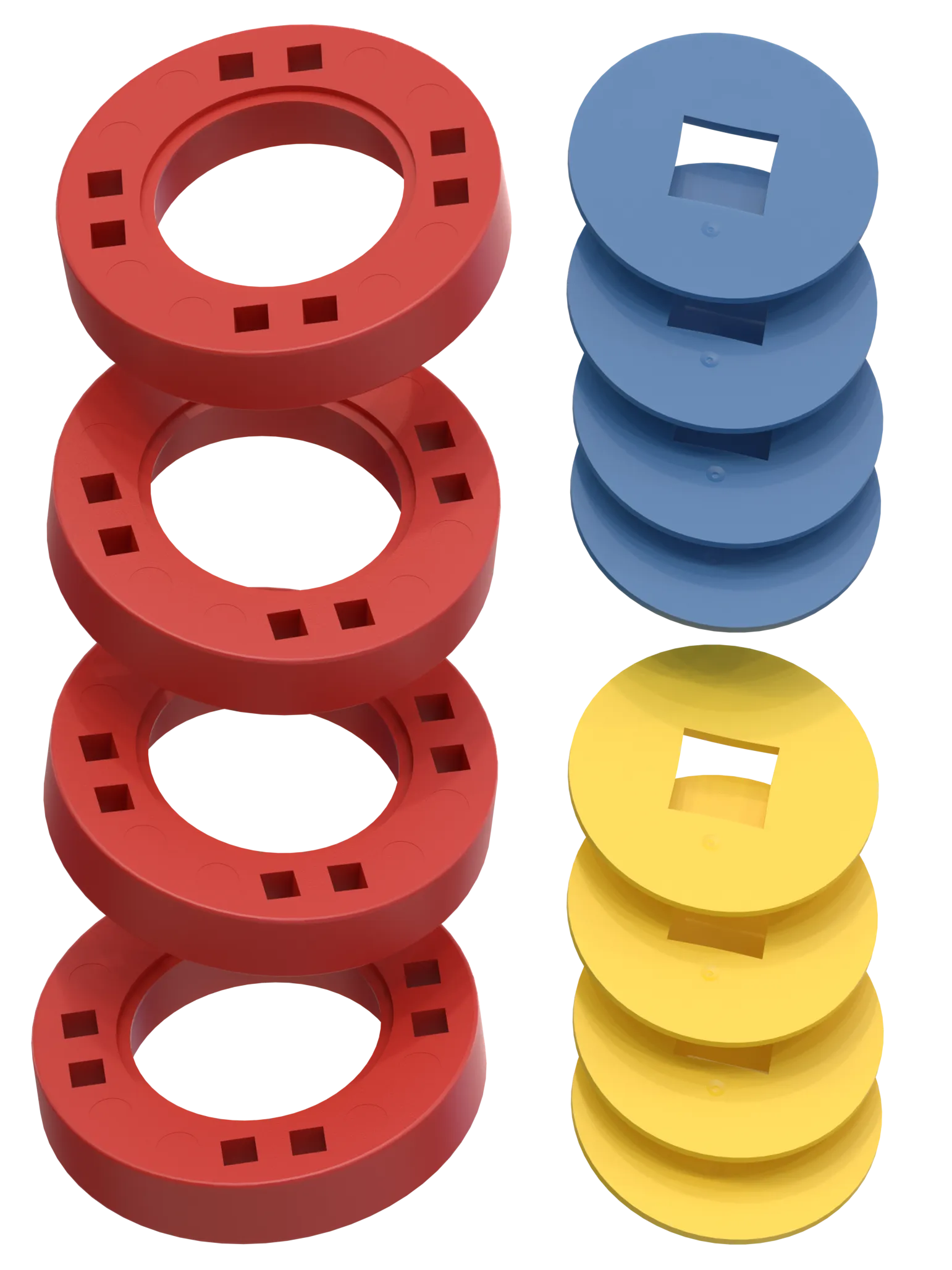 BIG Hjul - 4 Røde hjul med 4 blå og 4 gule samleled