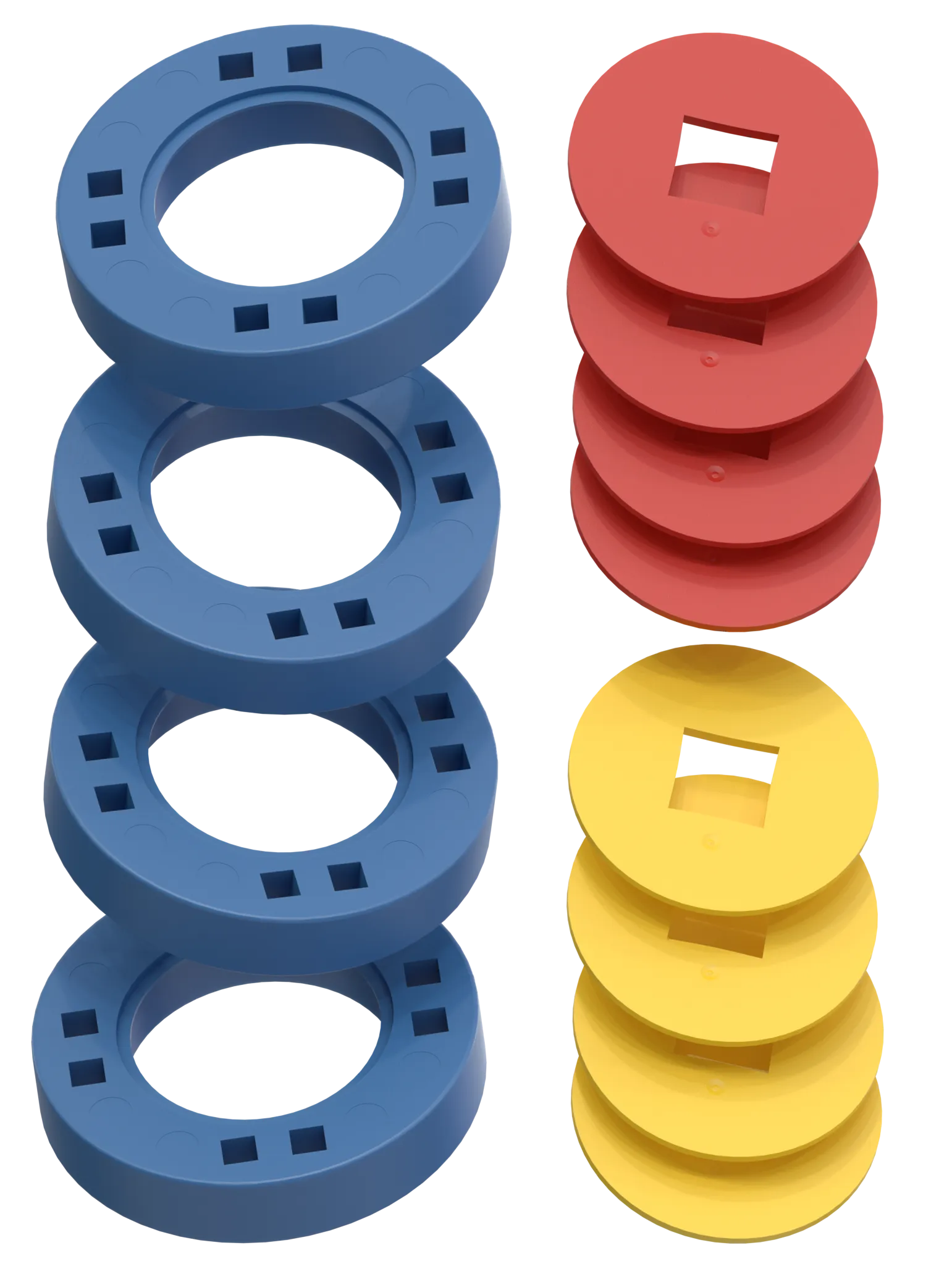 BIG Hjul - 4 Blå hjul med 4 røde og 4 gule samleled