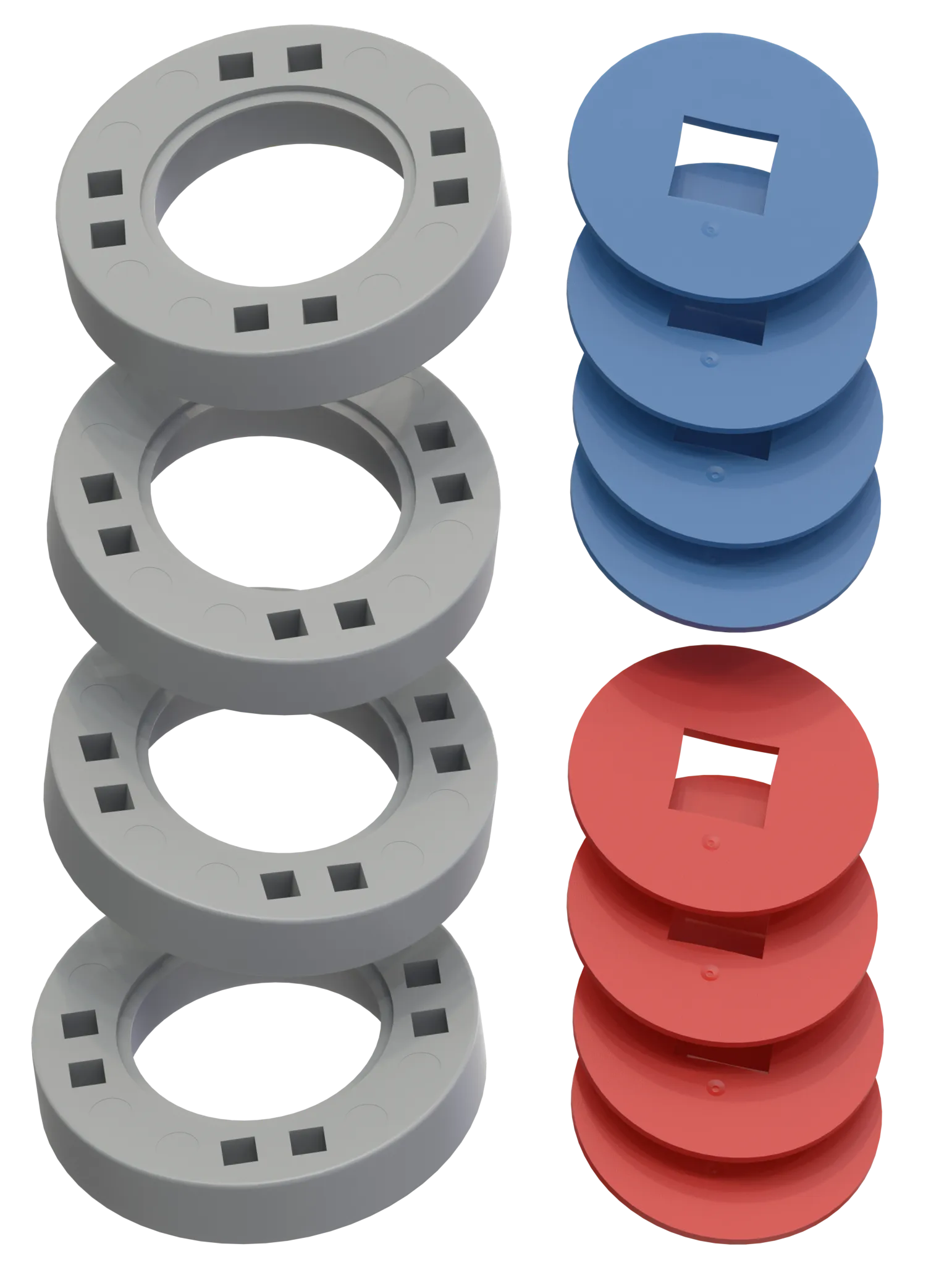 BIG Hjul - 4 Grå hjul med 4 blå og 4 røde samleled