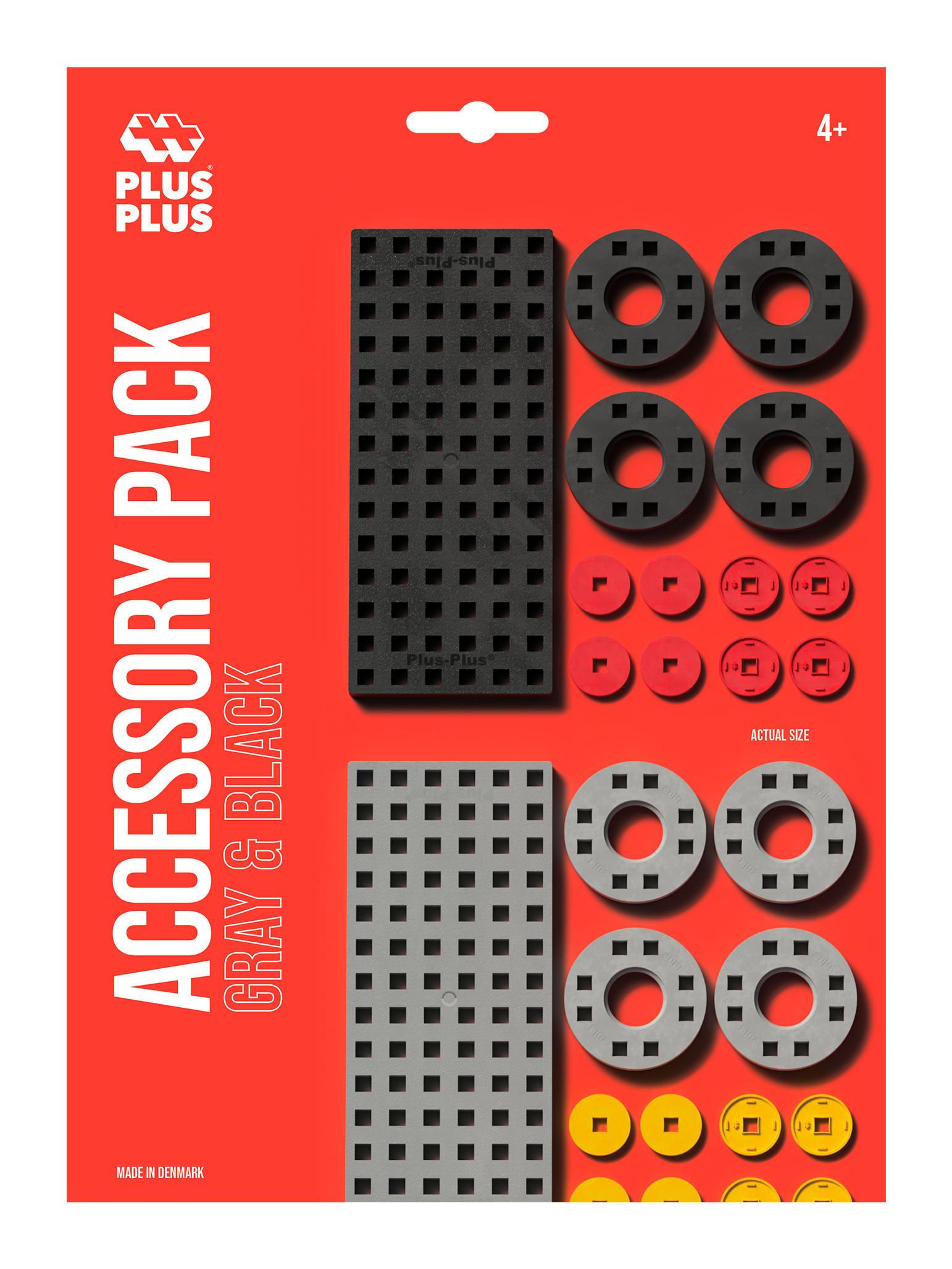 Byggeplader og hjul i sort, grå, rød og gul