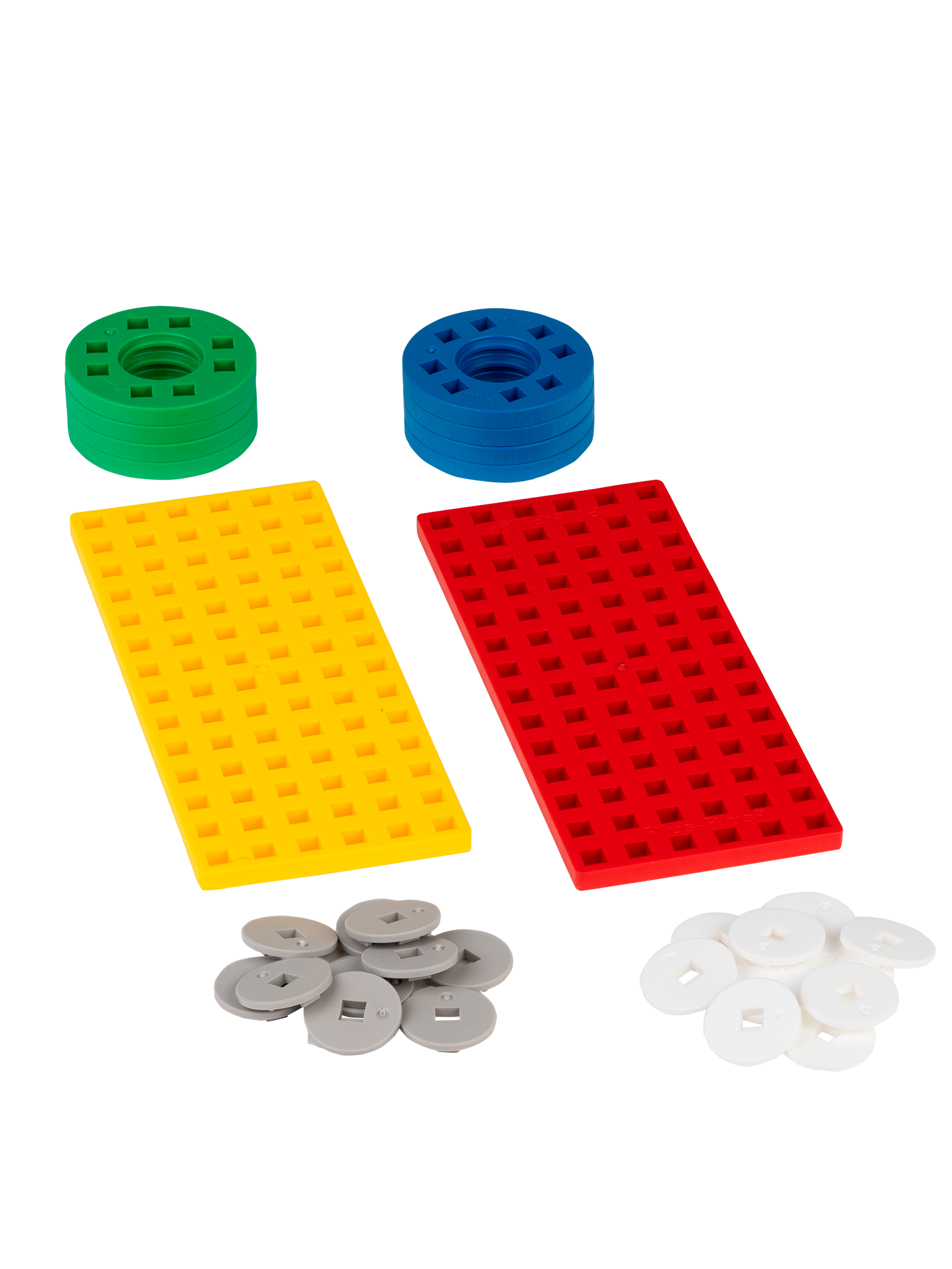 Byggeplader og hjul i gul, rød, grå og hvid