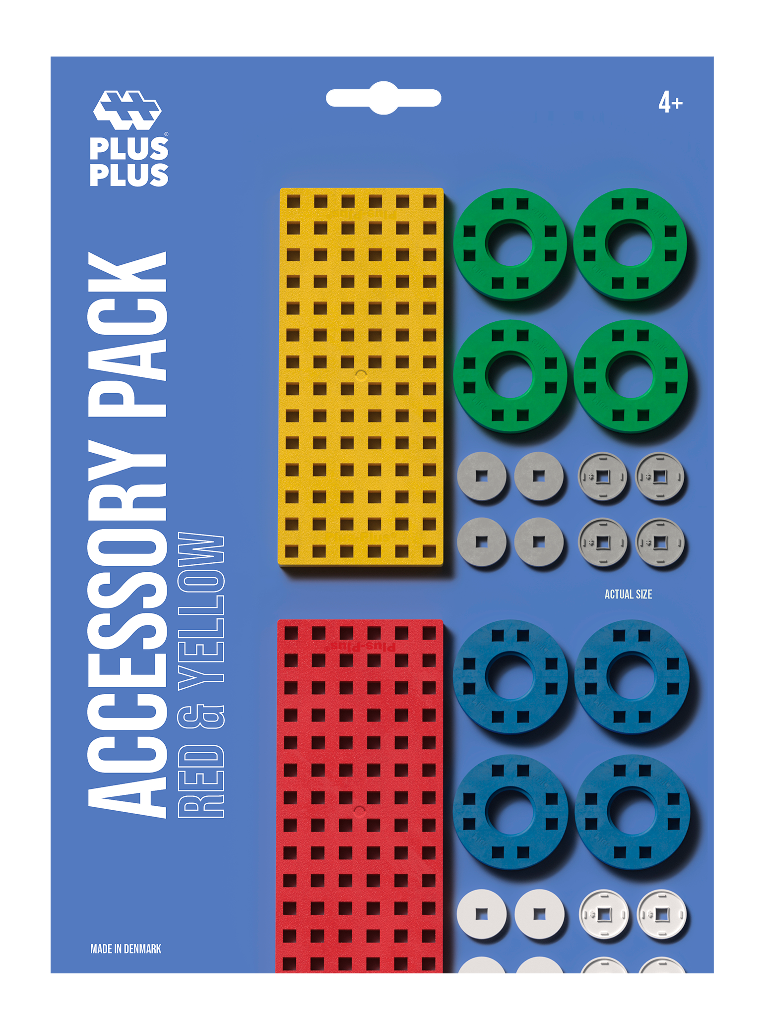 Byggeplader og hjul i gul, rød, grå og hvid